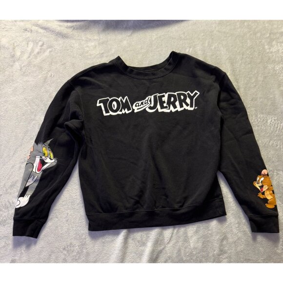 Tom & Jerry Black Sweatshirt Medium Pullover  With Sleeve Graphics Fleece-Lined - Picture 3 of 16